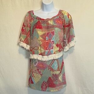 H-121 Multiples Red‎ & Blue Fringed Short Sleeve Pullover Blouse Size M
